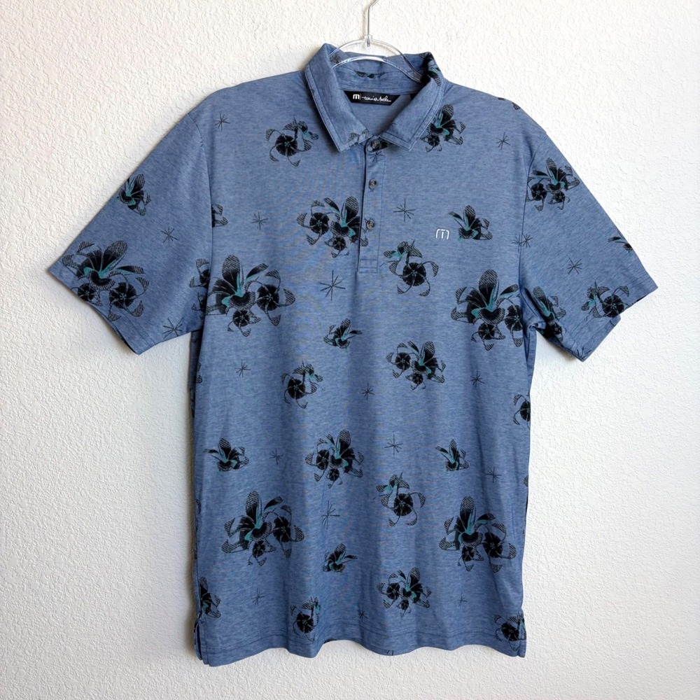 TravisMathew Mens Blue Floral Starburst Print Golf Polo Shirt Large L Short Slv